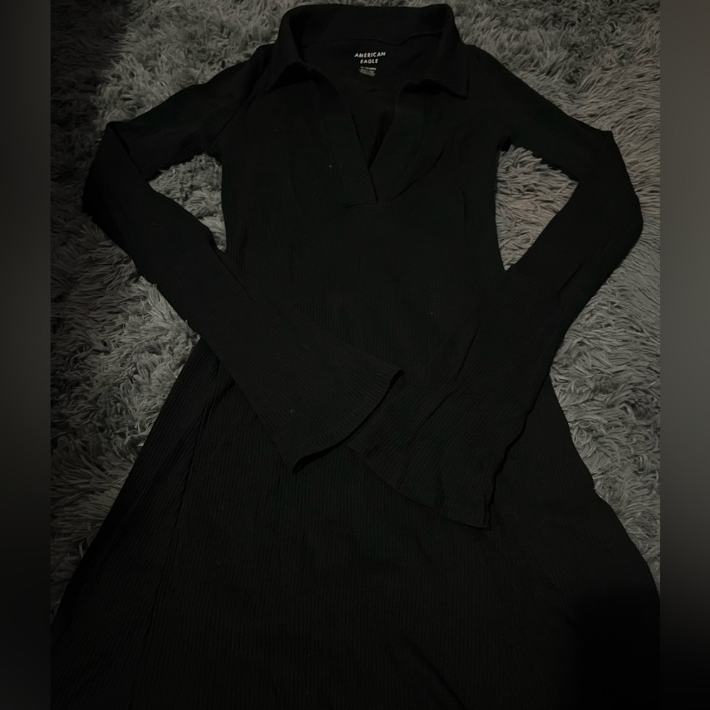 COLLARED KNIT MINI LONG SLEEVE DRESS